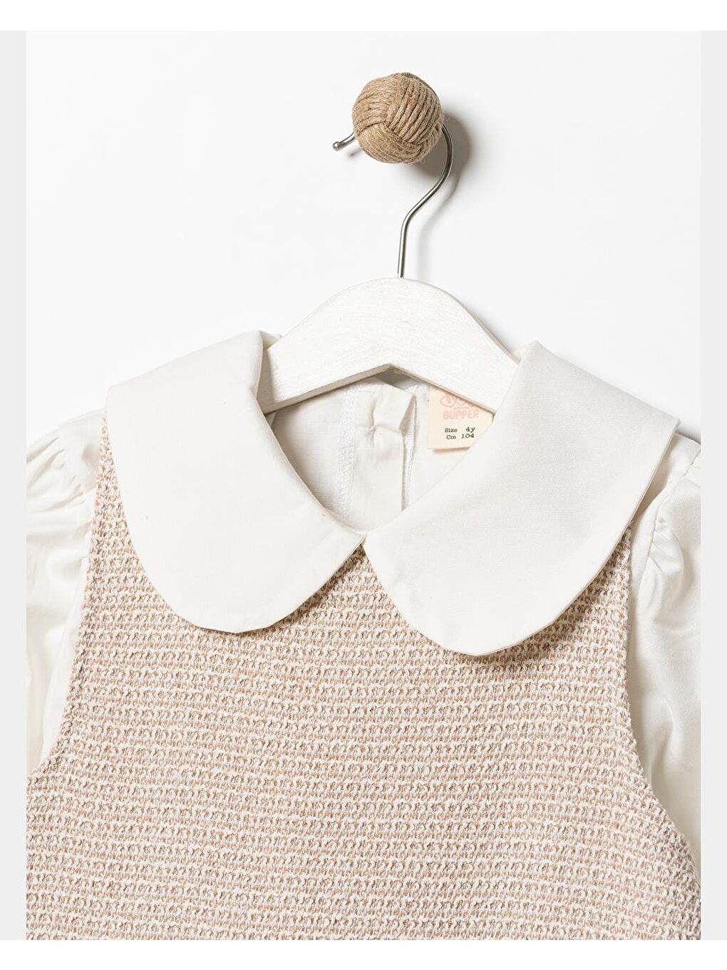 Kız Çocuk Pamuklu Bej Gömlek Yaka Elbiseli 2 Parça Elbise-5