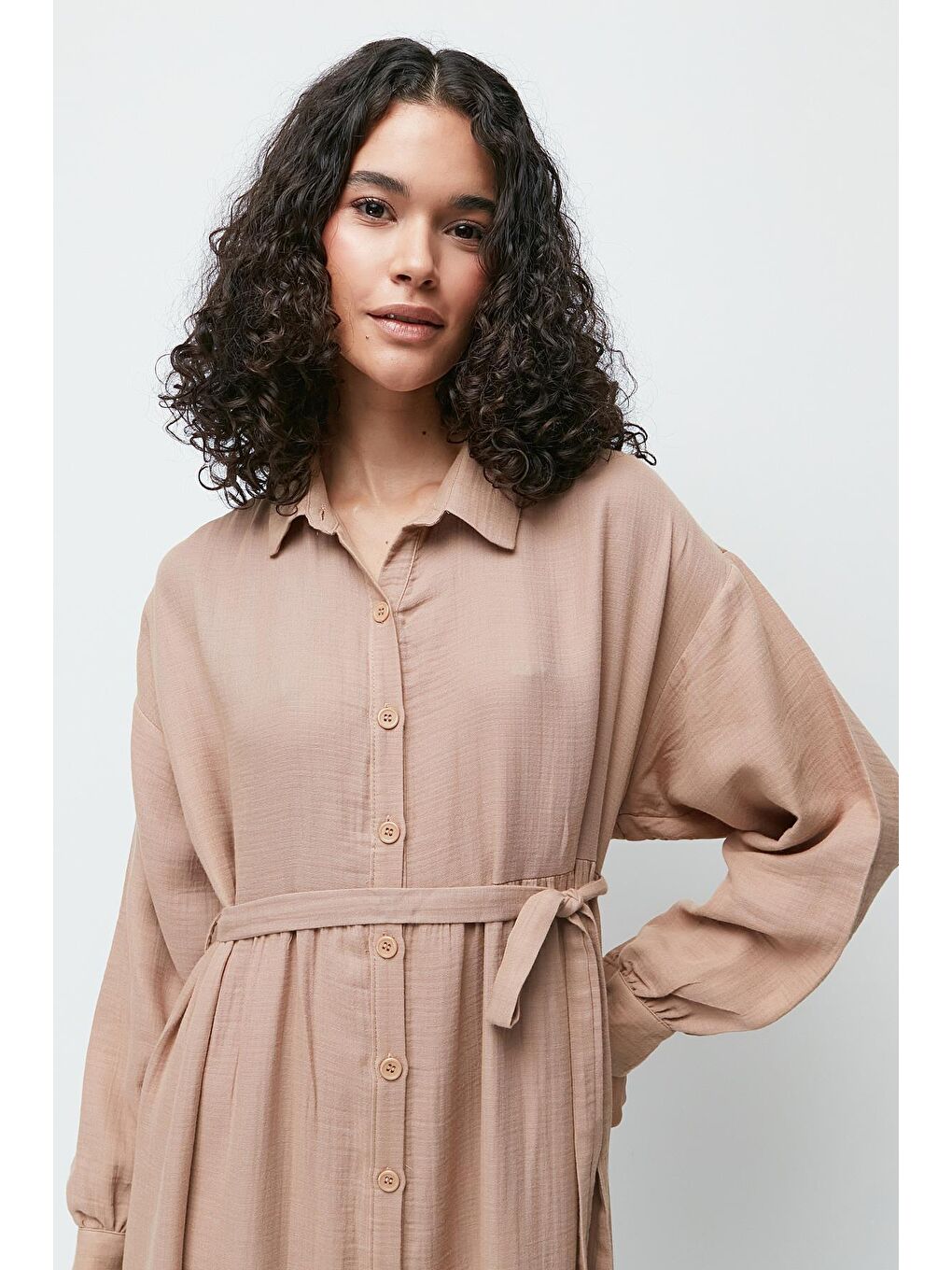 Organik Pamuk Müslin Uzun Kol Elbise 9128 Bej-2