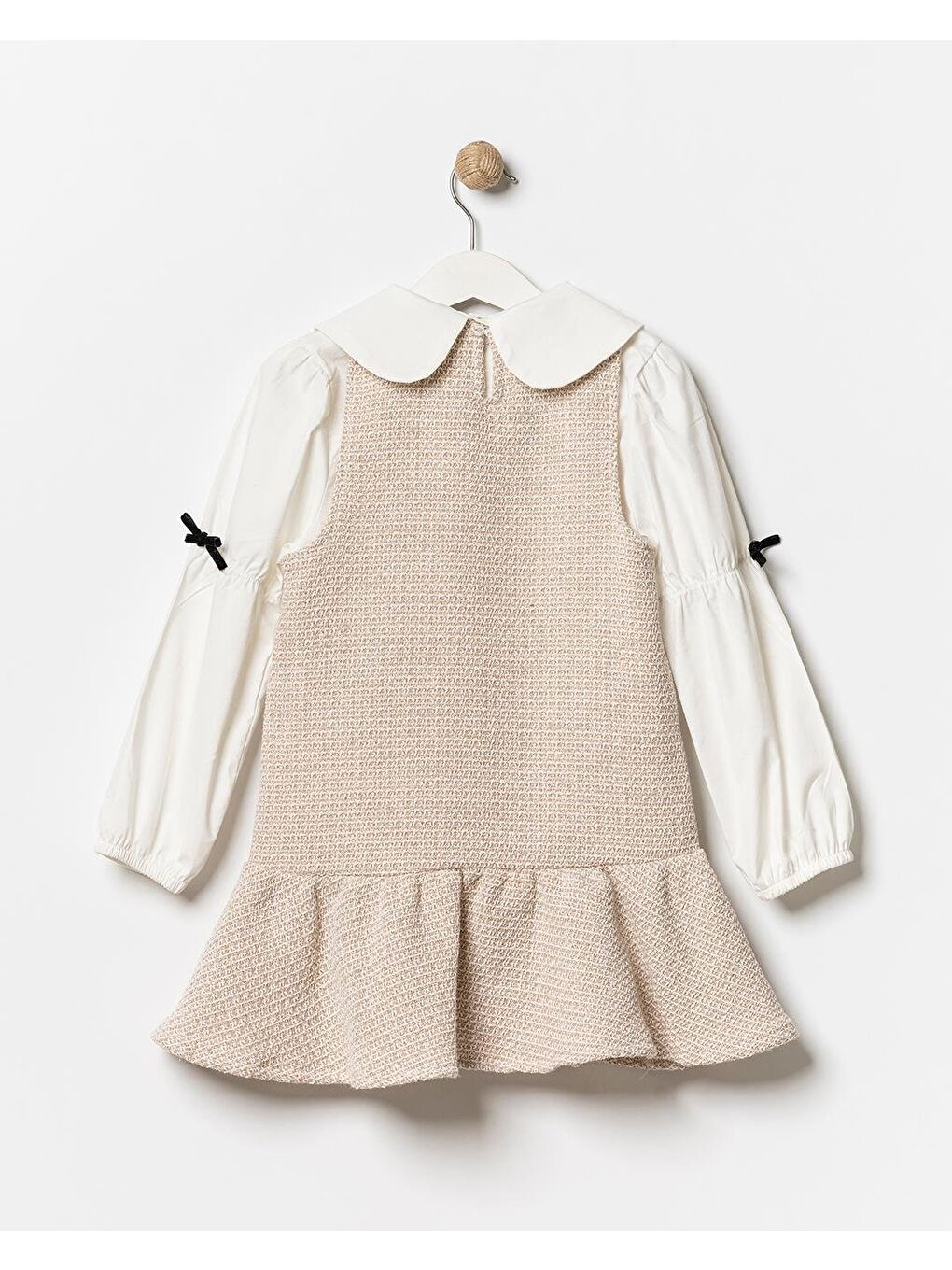 Kız Çocuk Pamuklu Bej Gömlek Yaka Elbiseli 2 Parça Elbise-6