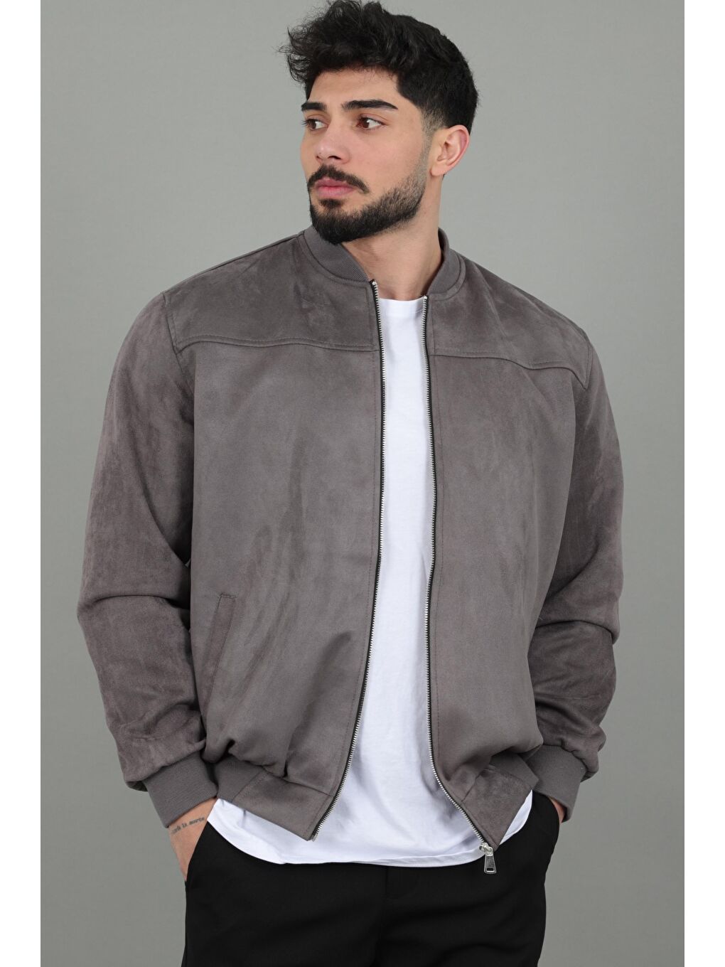 Gri Kolej Yaka Bel Lastikli Süet Mevsimlik Mont BL 1711-60287