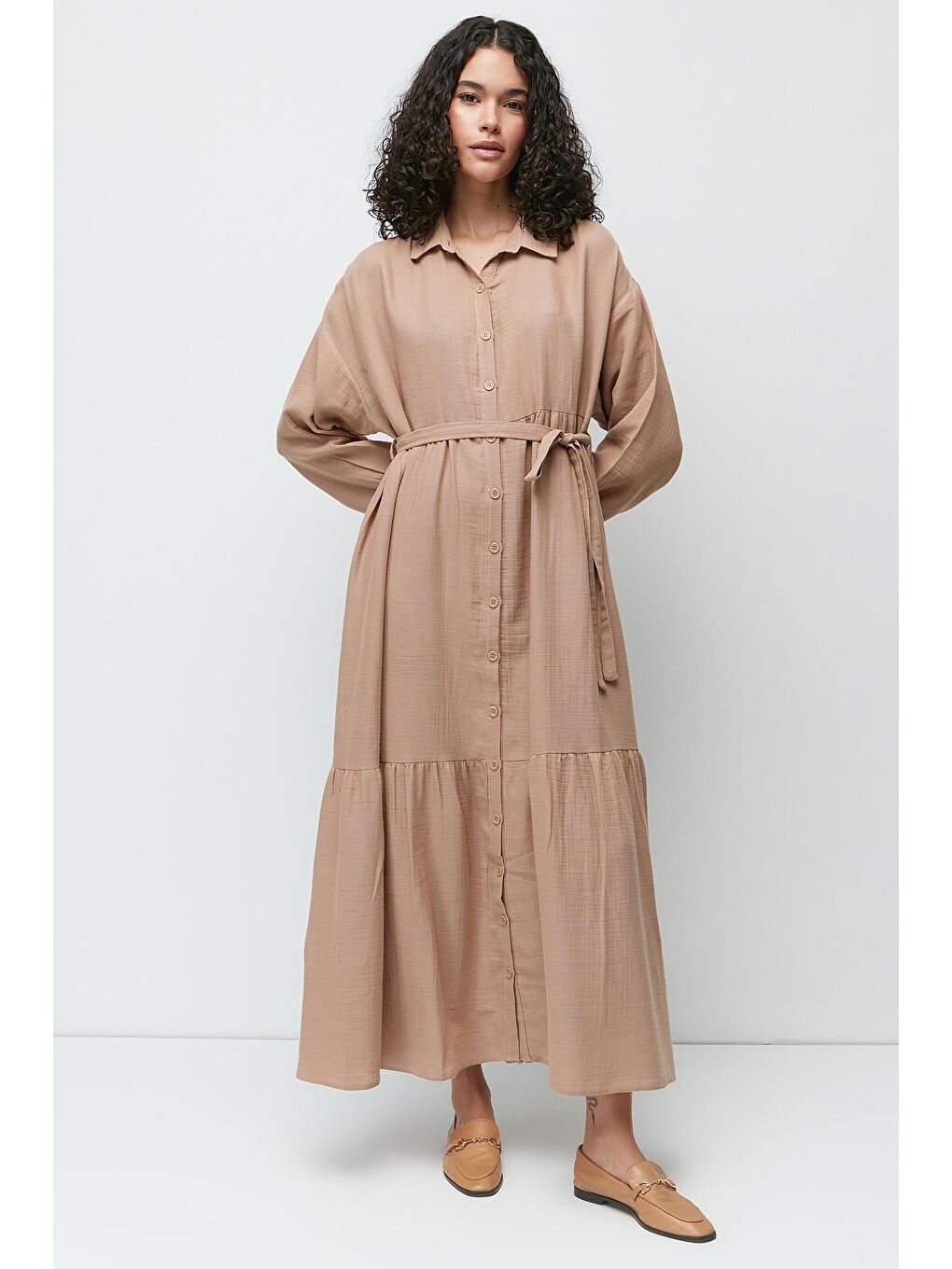 Organik Pamuk Müslin Uzun Kol Elbise 9128 Bej-3