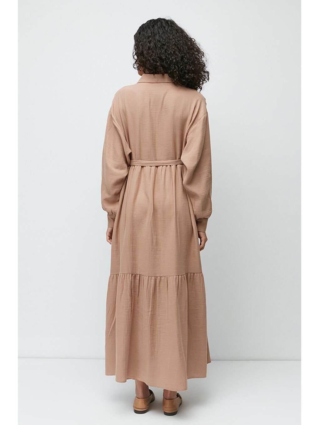 Organik Pamuk Müslin Uzun Kol Elbise 9128 Bej-4