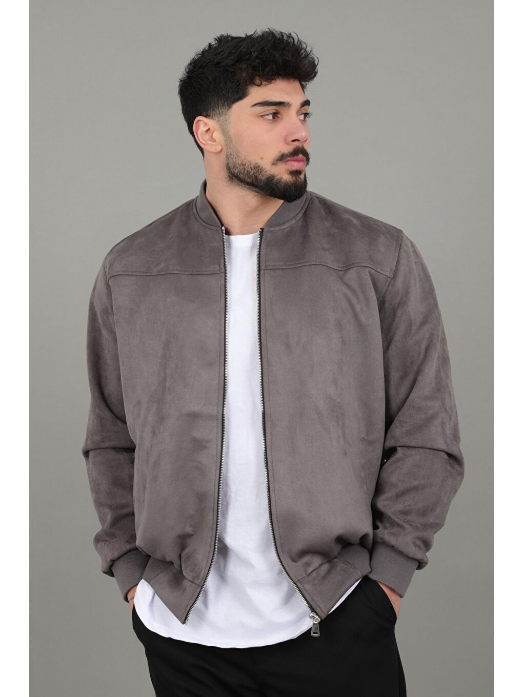 Gri Kolej Yaka Bel Lastikli Süet Mevsimlik Mont BL 1711-60287-1