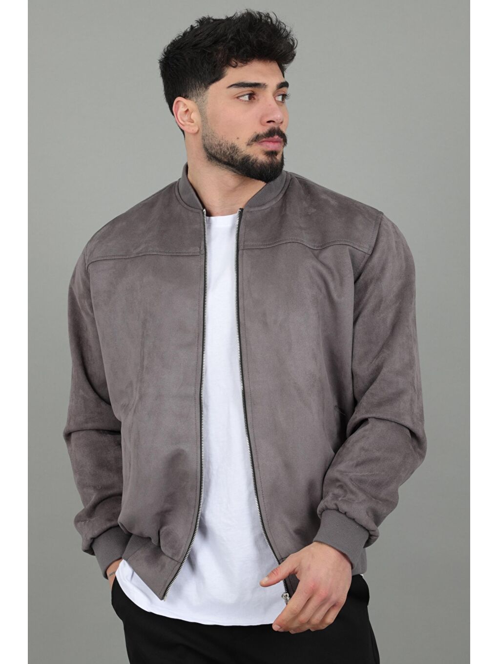 Gri Kolej Yaka Bel Lastikli Süet Mevsimlik Mont BL 1711-60287-2