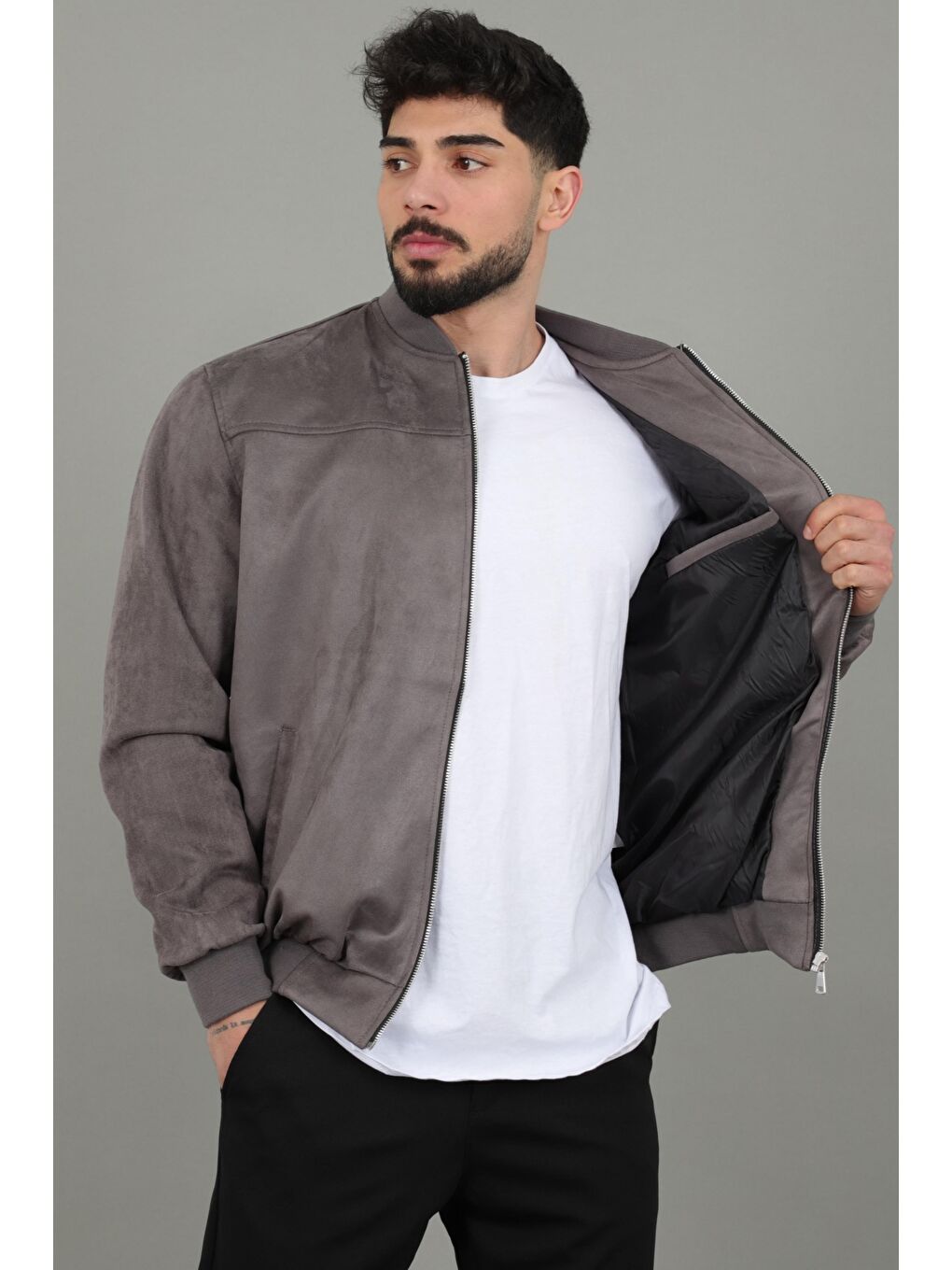 Gri Kolej Yaka Bel Lastikli Süet Mevsimlik Mont BL 1711-60287-3