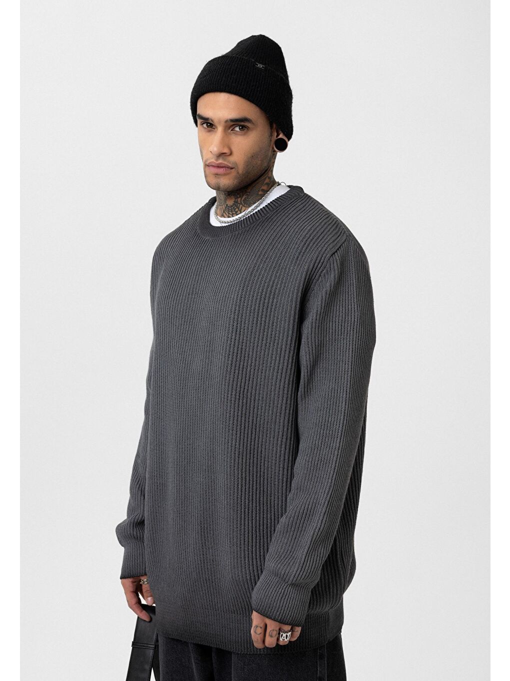 Oversize Yıkamalı Triko Kazak Siyah-1