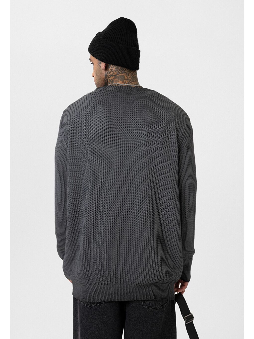 Oversize Yıkamalı Triko Kazak Siyah-2