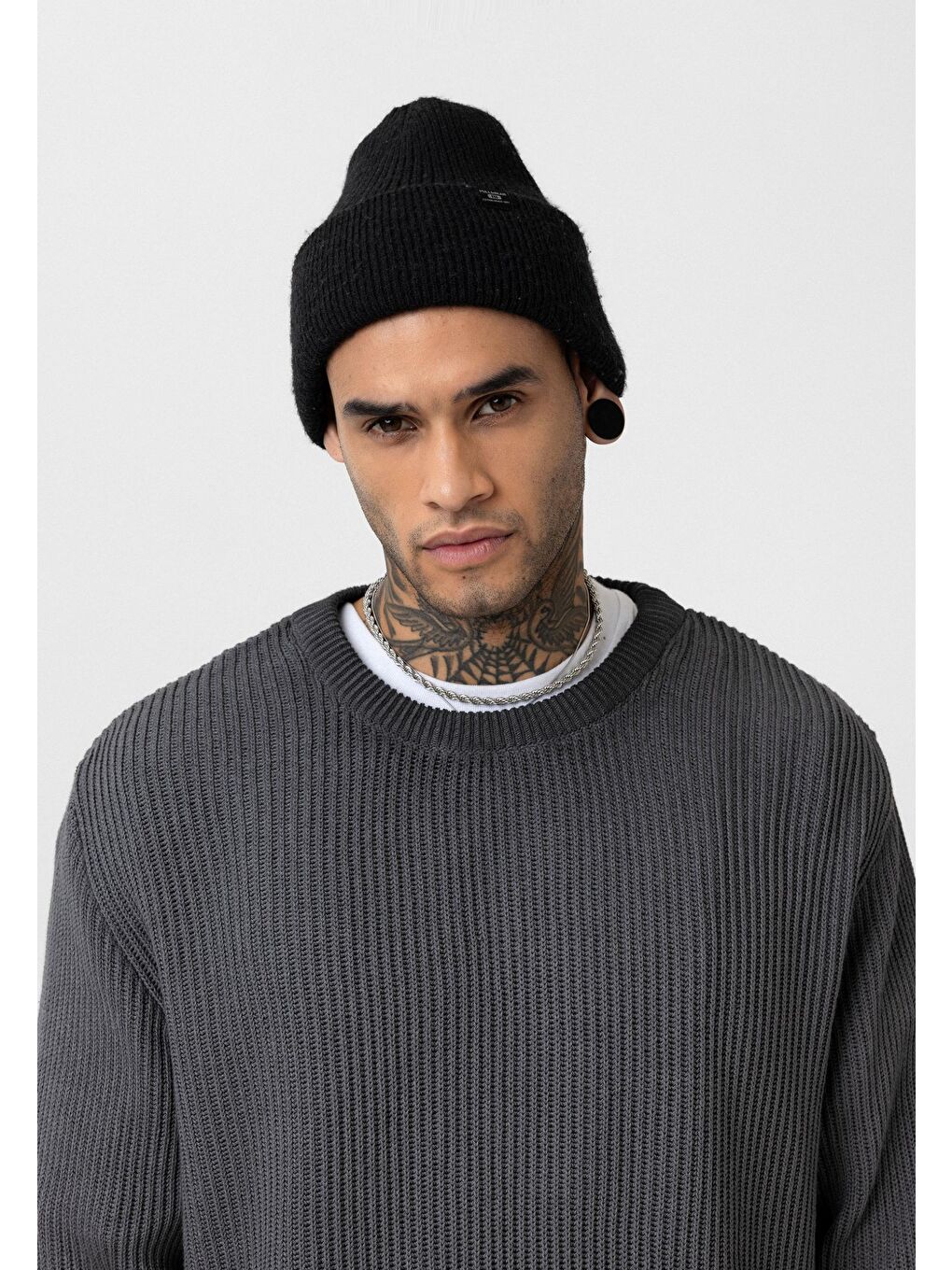 Oversize Yıkamalı Triko Kazak Siyah-3