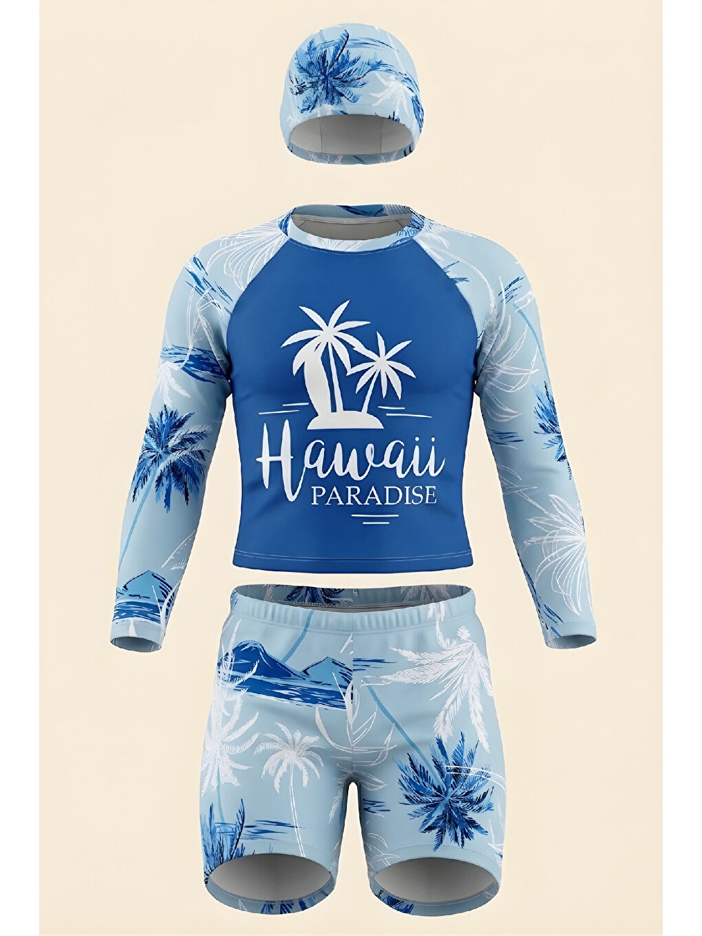 Mavi Erkek Çocuk 3'lü Mayo Takımı (Şort+Uzun Kol Üst+Bone) 3-12 Yaş 12594B-1