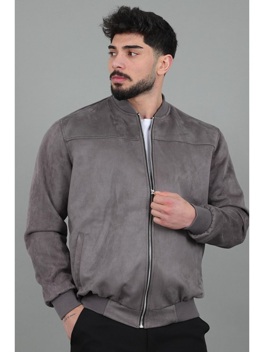 Gri Kolej Yaka Bel Lastikli Süet Mevsimlik Mont BL 1711-60287-4