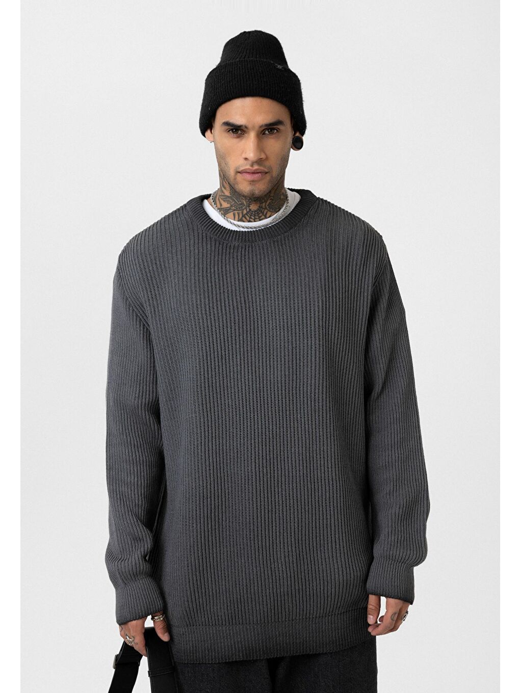 Oversize Yıkamalı Triko Kazak Siyah-4