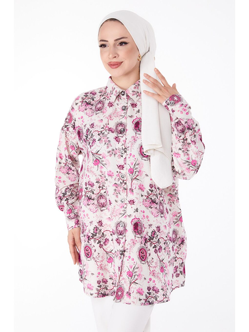 Gömlek Yaka Kadın Fuşya Desenli Tunik - 25642