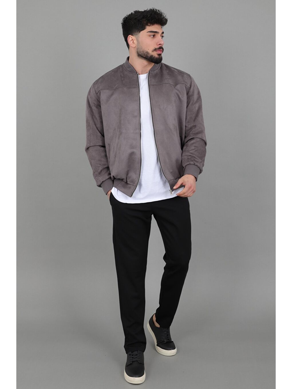 Gri Kolej Yaka Bel Lastikli Süet Mevsimlik Mont BL 1711-60287-5