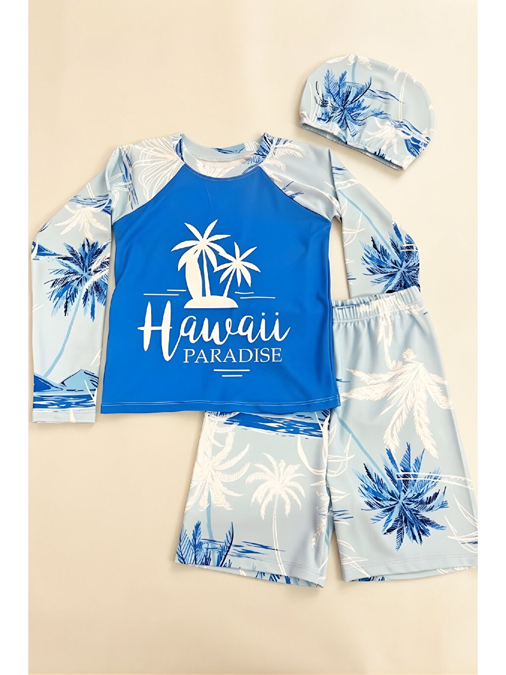 Mavi Erkek Çocuk 3'lü Mayo Takımı (Şort+Uzun Kol Üst+Bone) 3-12 Yaş 12594B-2