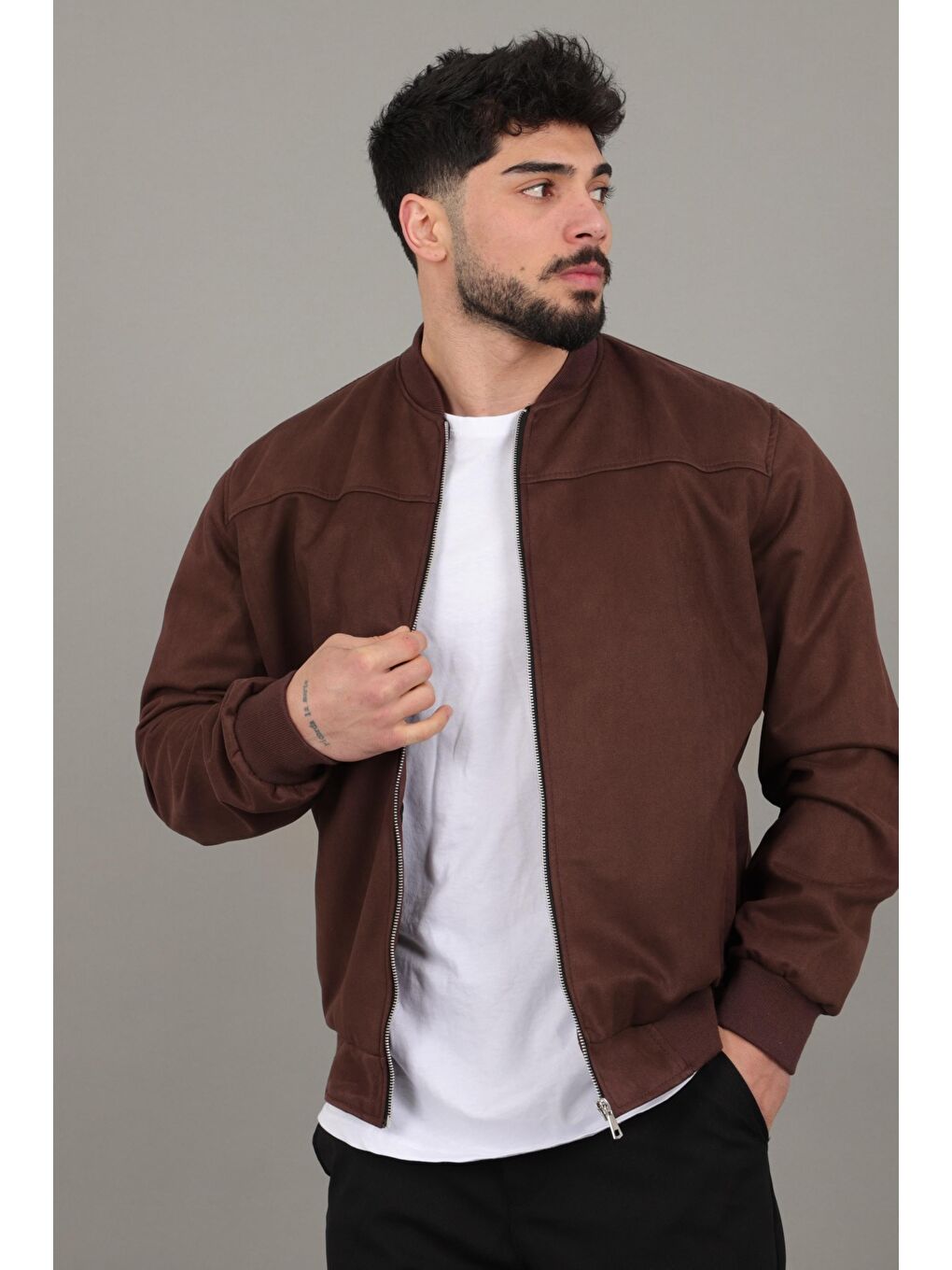 Kahverengi Kolej Yaka Bel Lastikli Süet Mevsimlik Mont BL 1711-60287