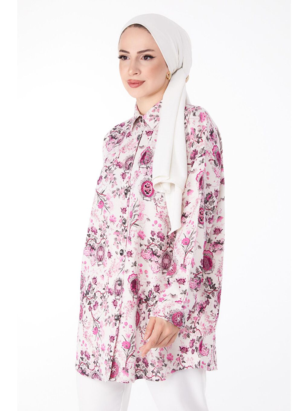 Gömlek Yaka Kadın Fuşya Desenli Tunik - 25642-1