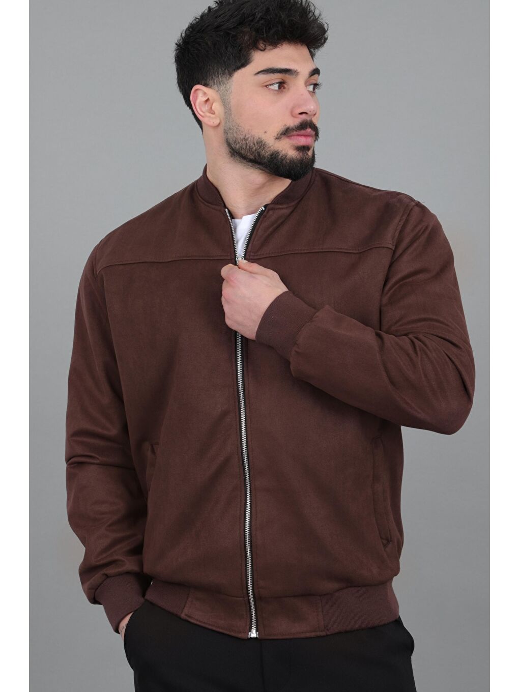 Kahverengi Kolej Yaka Bel Lastikli Süet Mevsimlik Mont BL 1711-60287-1