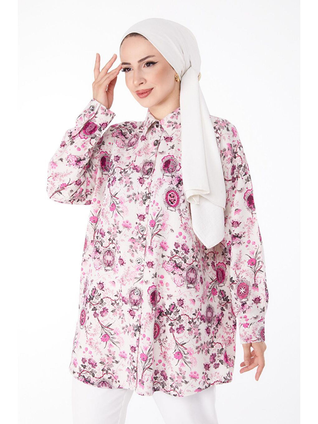 Gömlek Yaka Kadın Fuşya Desenli Tunik - 25642-2