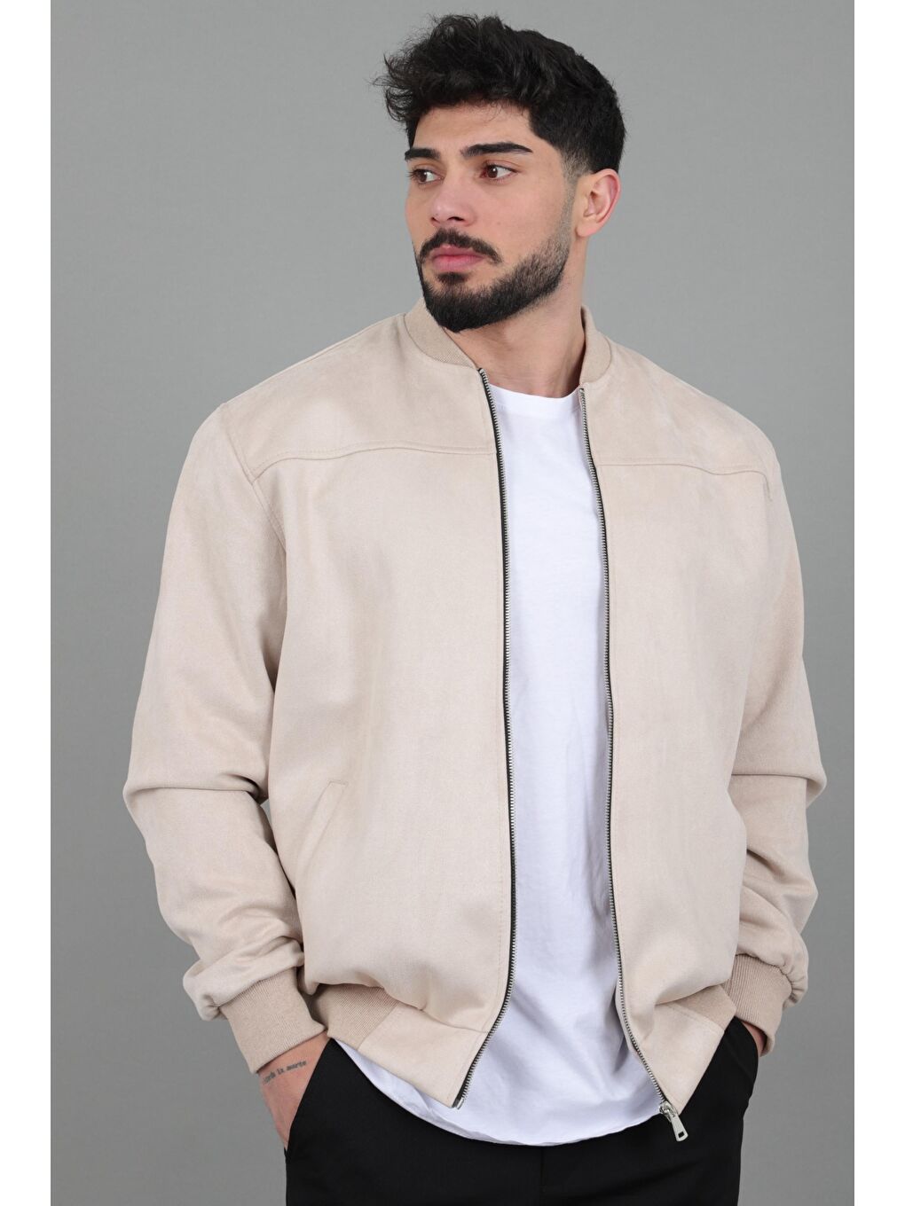 Ekru Kolej Yaka Bel Lastikli Süet Mevsimlik Mont BL 1711-60287