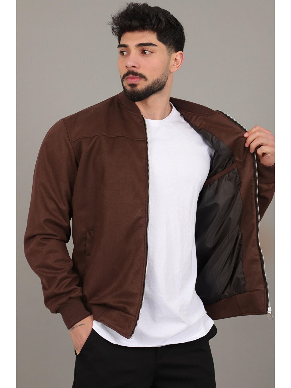 Kahverengi Kolej Yaka Bel Lastikli Süet Mevsimlik Mont BL 1711-60287-2