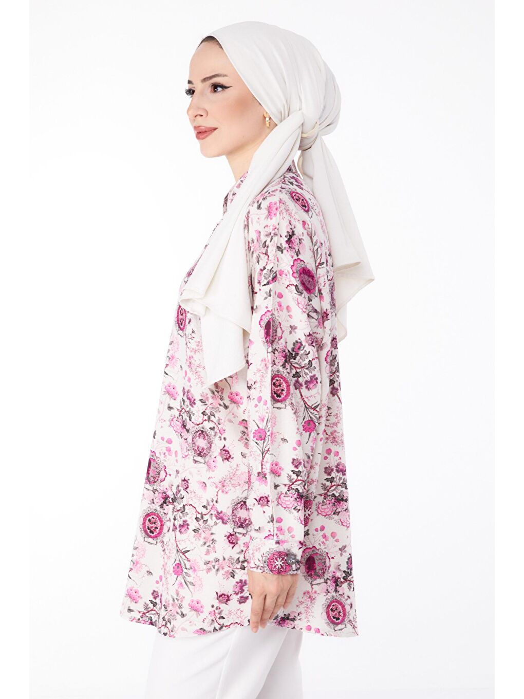 Gömlek Yaka Kadın Fuşya Desenli Tunik - 25642-3