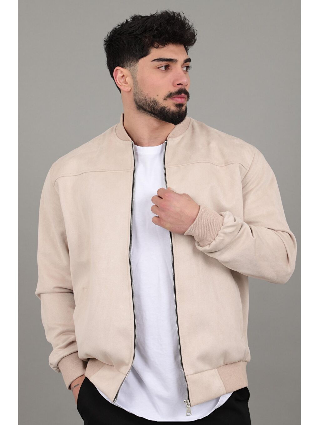 Ekru Kolej Yaka Bel Lastikli Süet Mevsimlik Mont BL 1711-60287-1