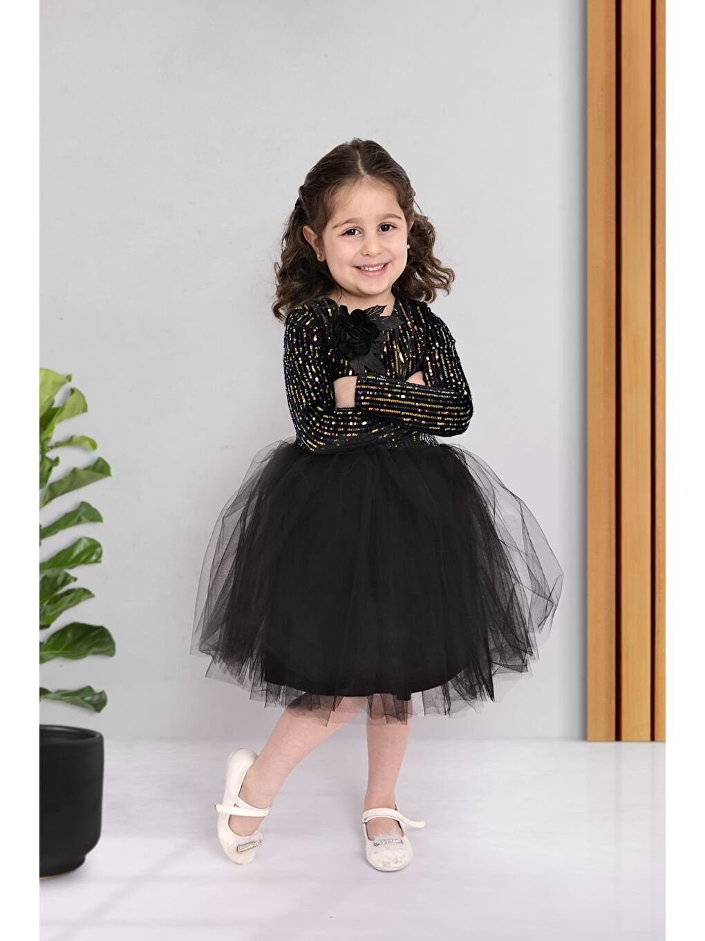 Karışık Pul Payetli Tütü Etekli Uzun Kol Kız Çocuk Elbise MNK0577-6