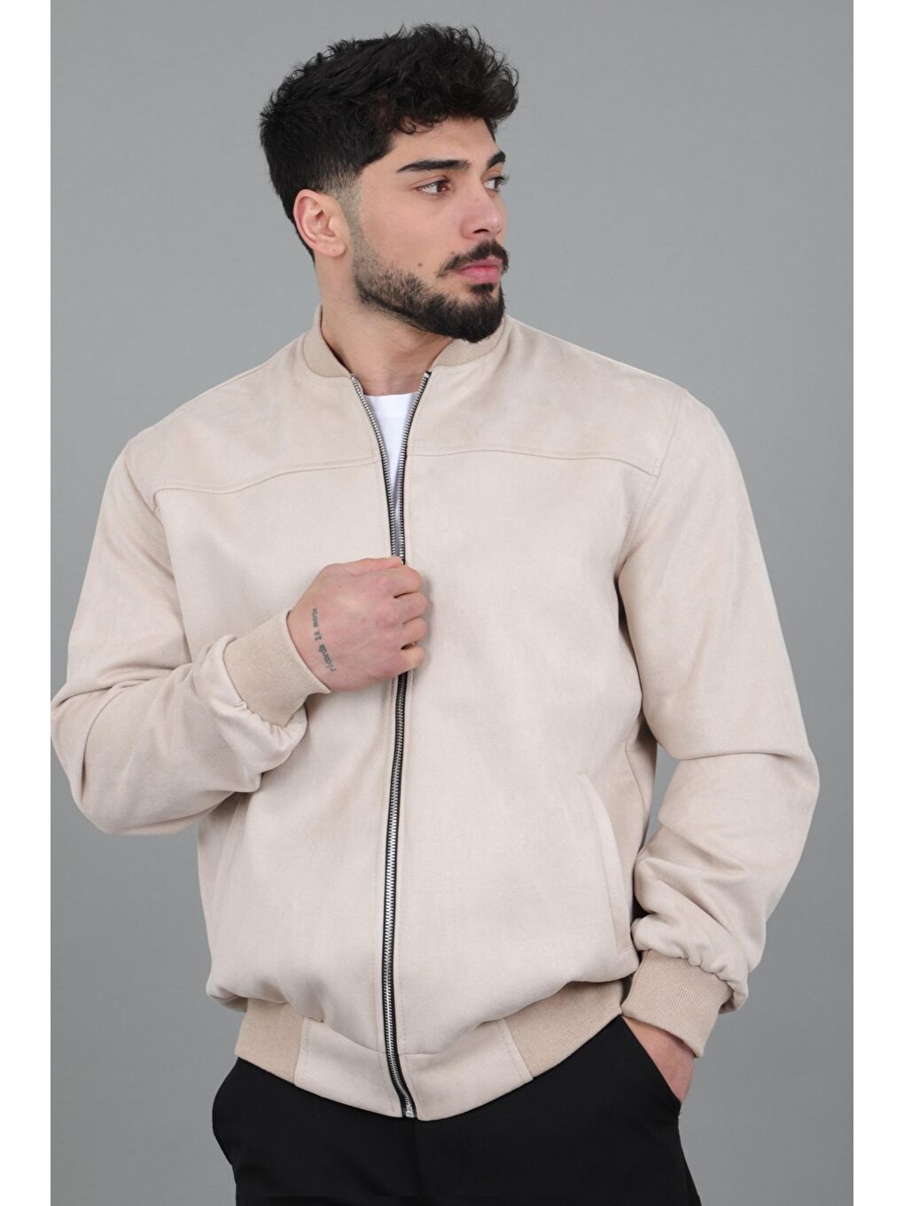 Ekru Kolej Yaka Bel Lastikli Süet Mevsimlik Mont BL 1711-60287-2