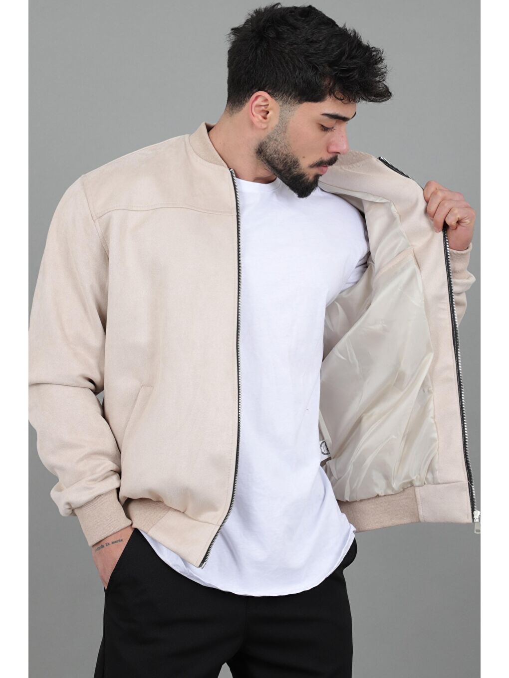 Ekru Kolej Yaka Bel Lastikli Süet Mevsimlik Mont BL 1711-60287-3