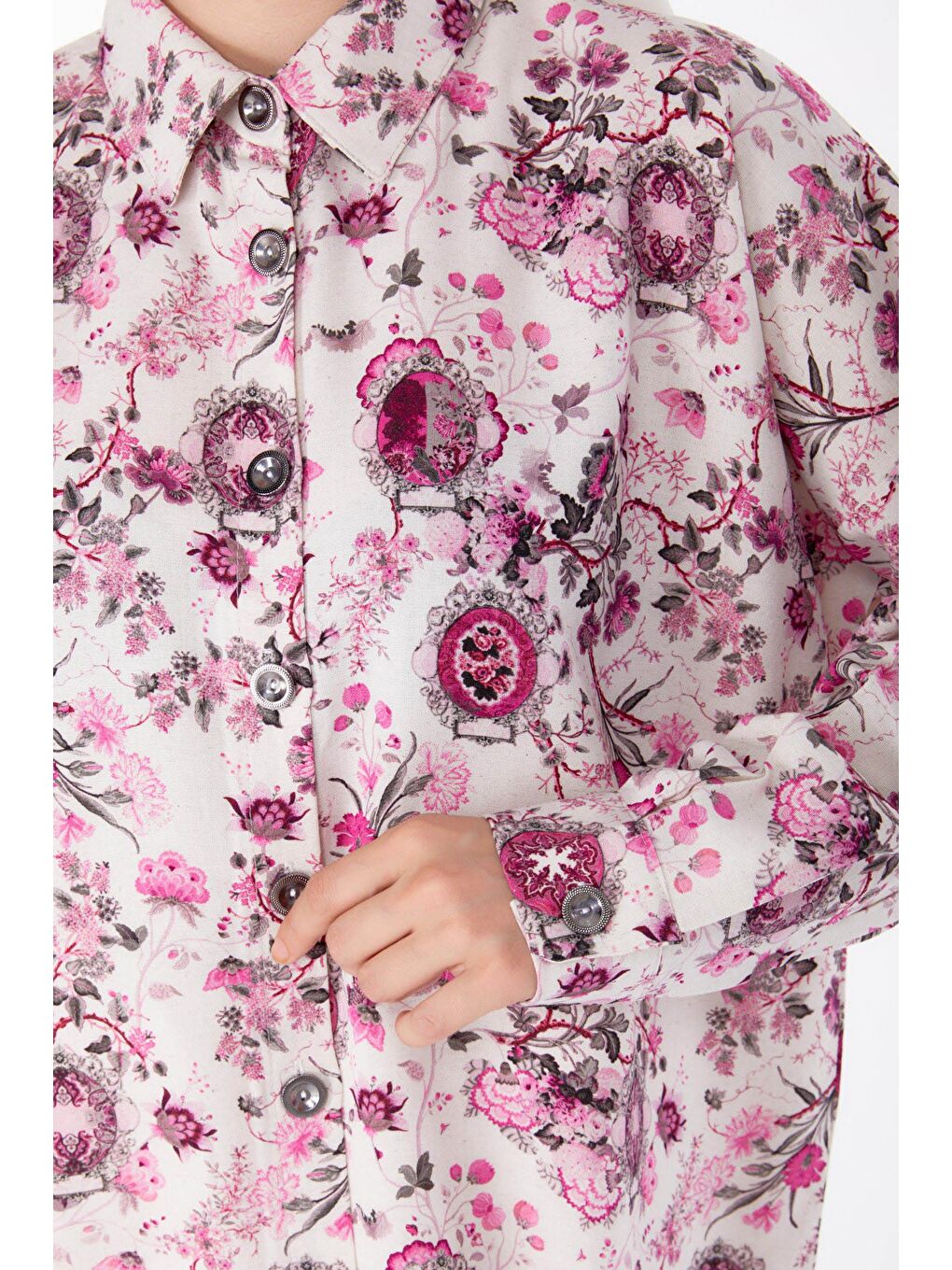 Gömlek Yaka Kadın Fuşya Desenli Tunik - 25642-5