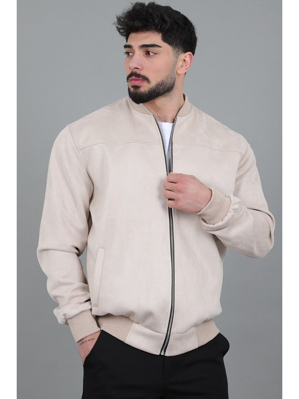 Ekru Kolej Yaka Bel Lastikli Süet Mevsimlik Mont BL 1711-60287-5