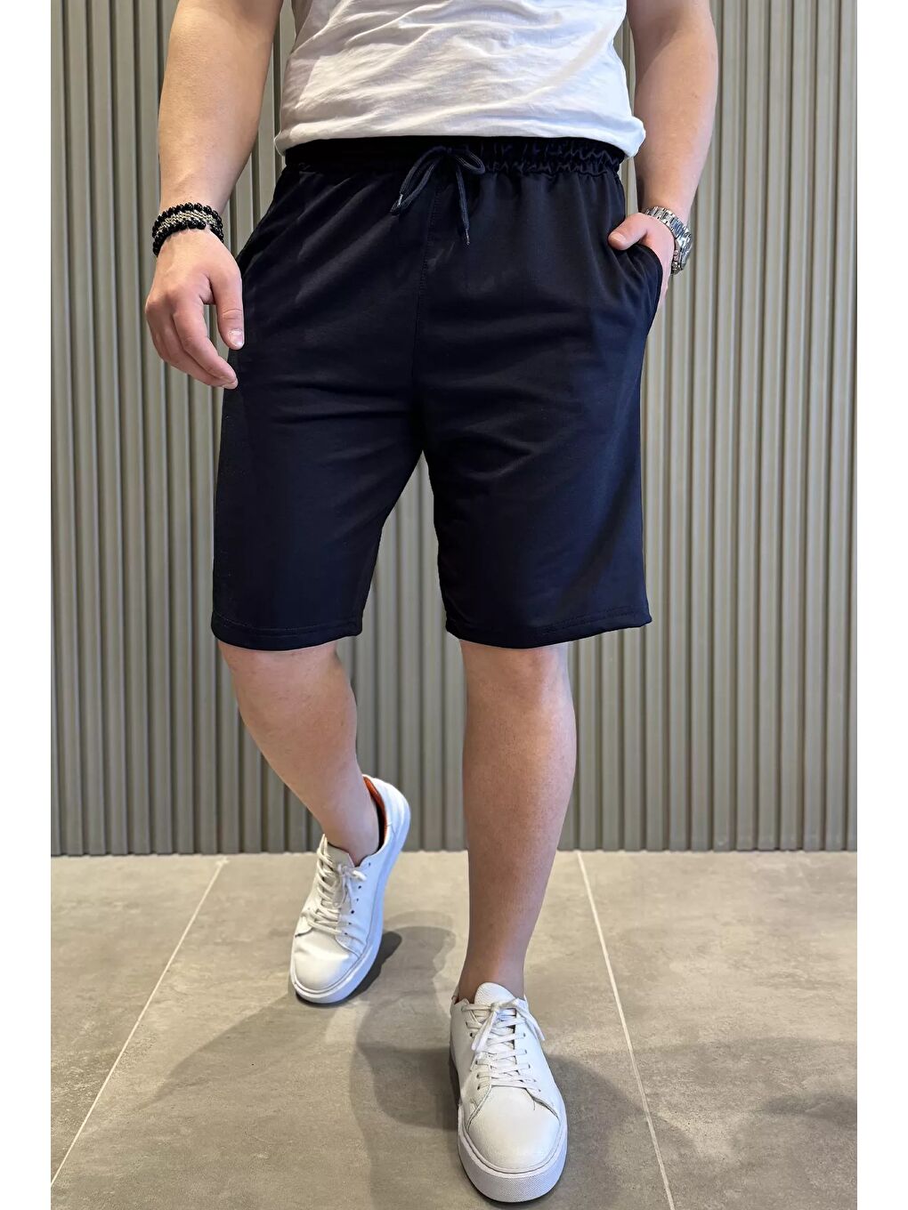 Lacivert Erkek Cepli Bel Bağcıklı Şort