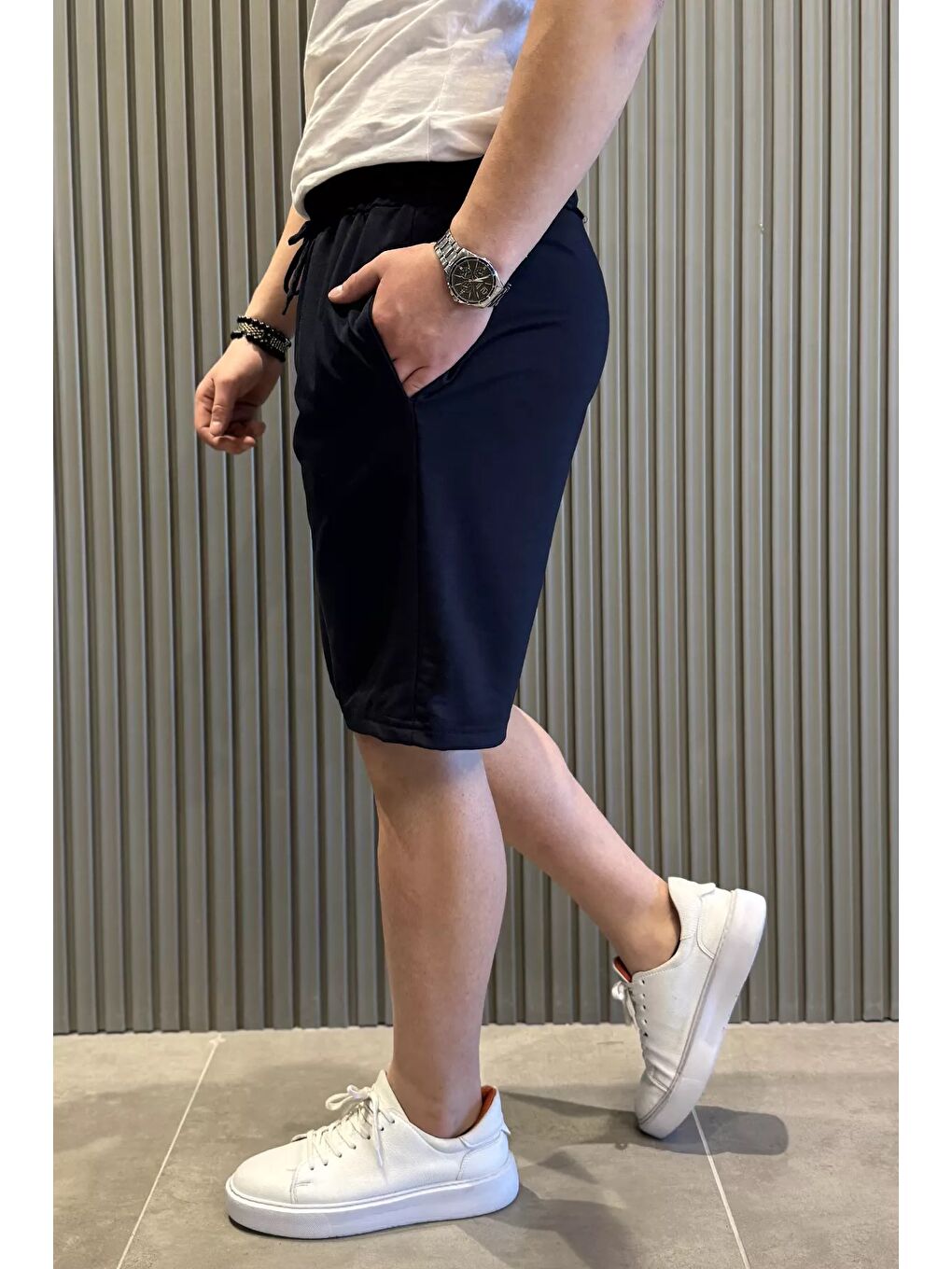 Lacivert Erkek Cepli Bel Bağcıklı Şort-1