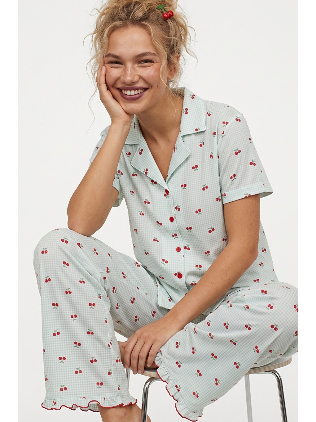 Yeşil İnce Soft Örme Mevsimlik Düğmeli Pijama Takımı 8043