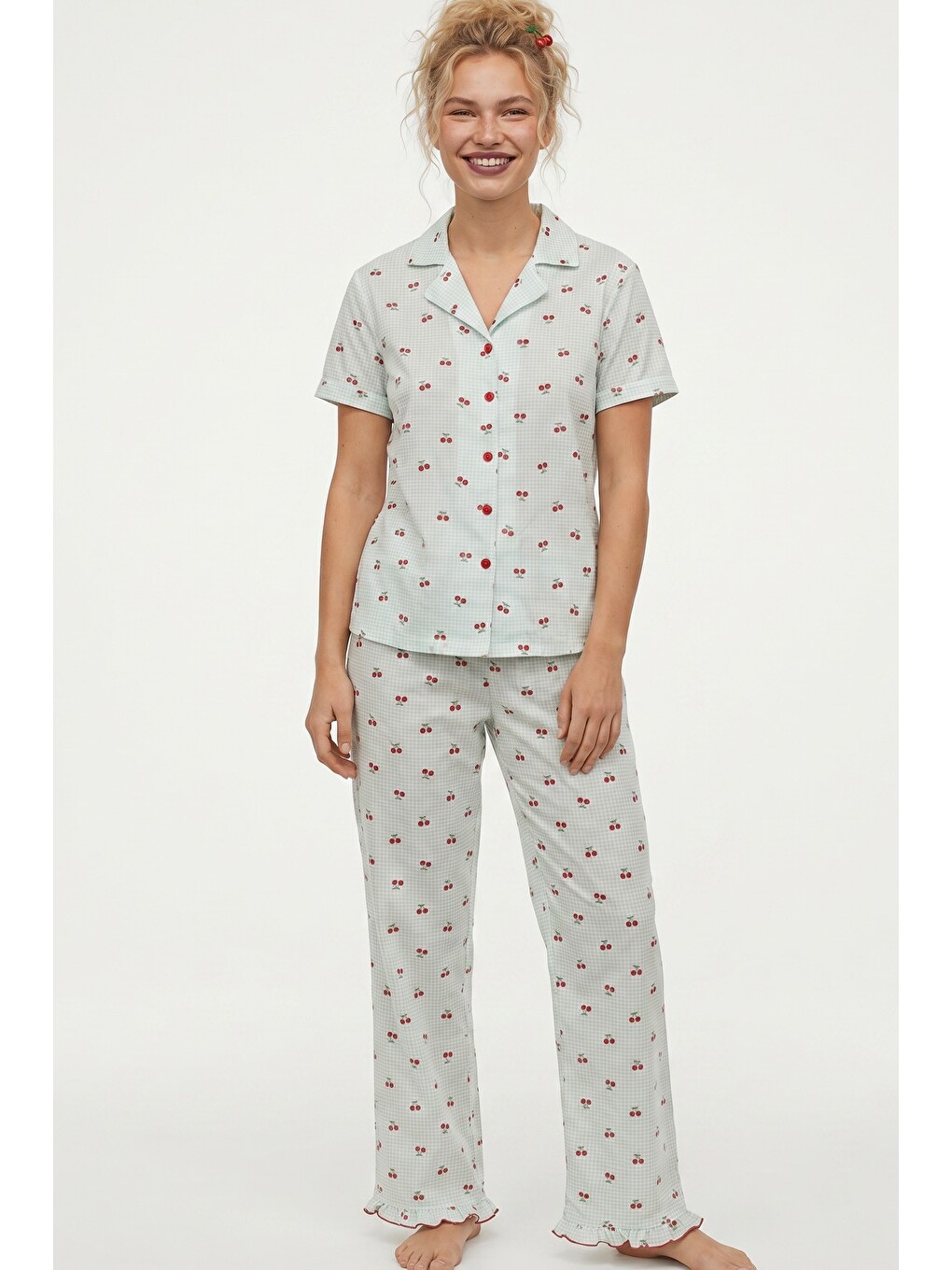 Yeşil İnce Soft Örme Mevsimlik Düğmeli Pijama Takımı 8043-1