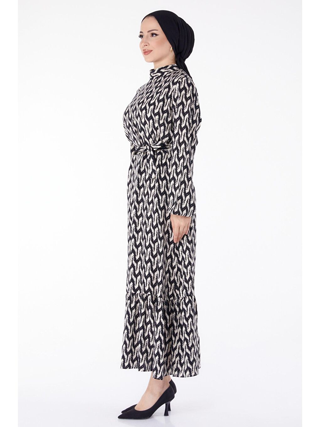 Hakim Yaka Kadın Siyah Kuşaklı Desenli Elbise - 25471-3