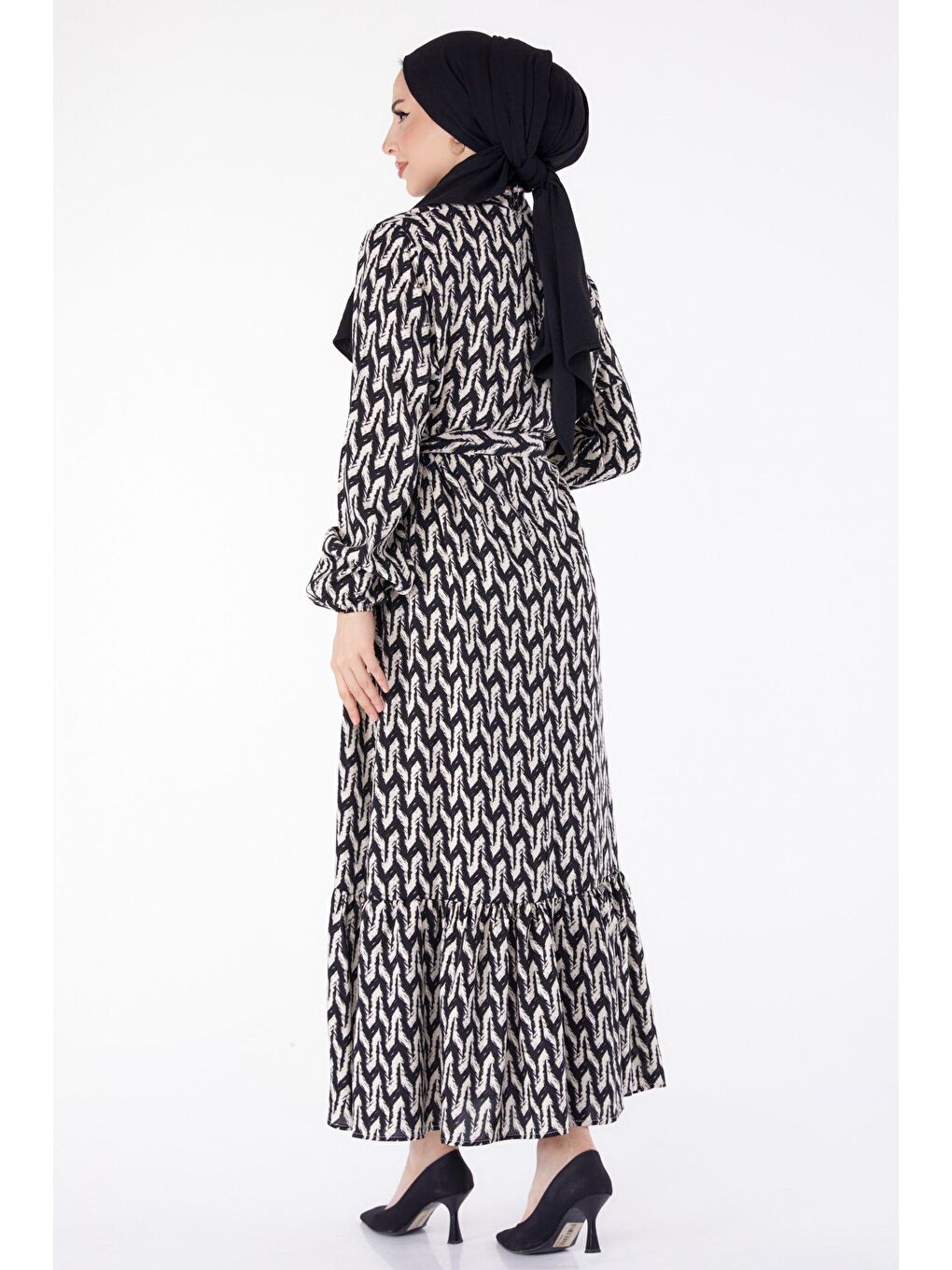 Hakim Yaka Kadın Siyah Kuşaklı Desenli Elbise - 25471-4
