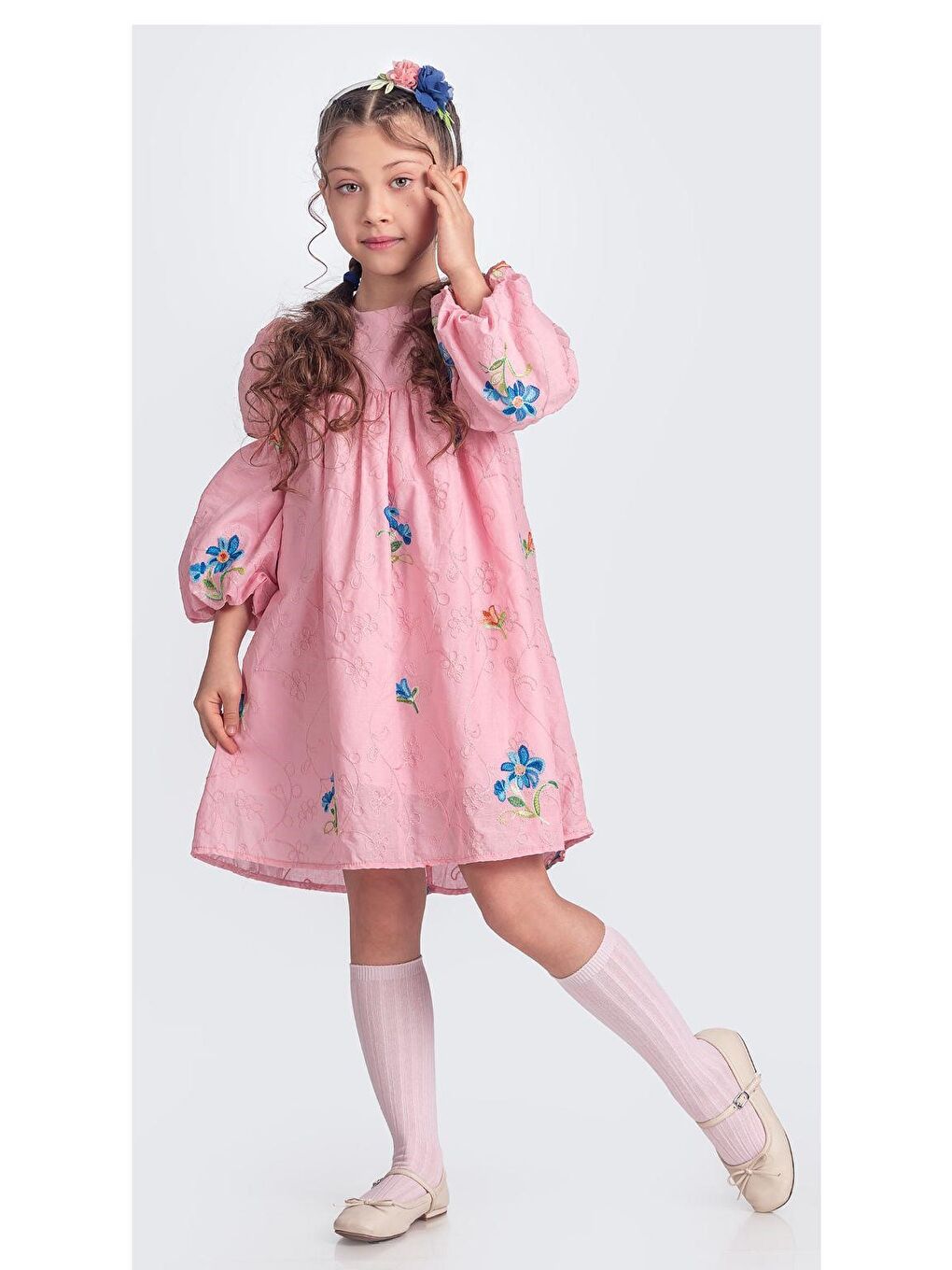 Pembe Otantik Akdeniz Çiçek NakışKız Çocuk Müslin Elbise M00706-1