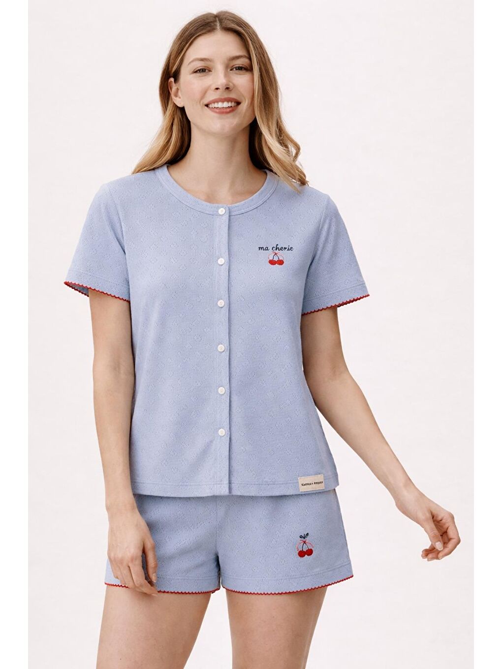 Kadın Mediterranean Kiraz Nakışlı Şortlu Pijama Takımı Mavi