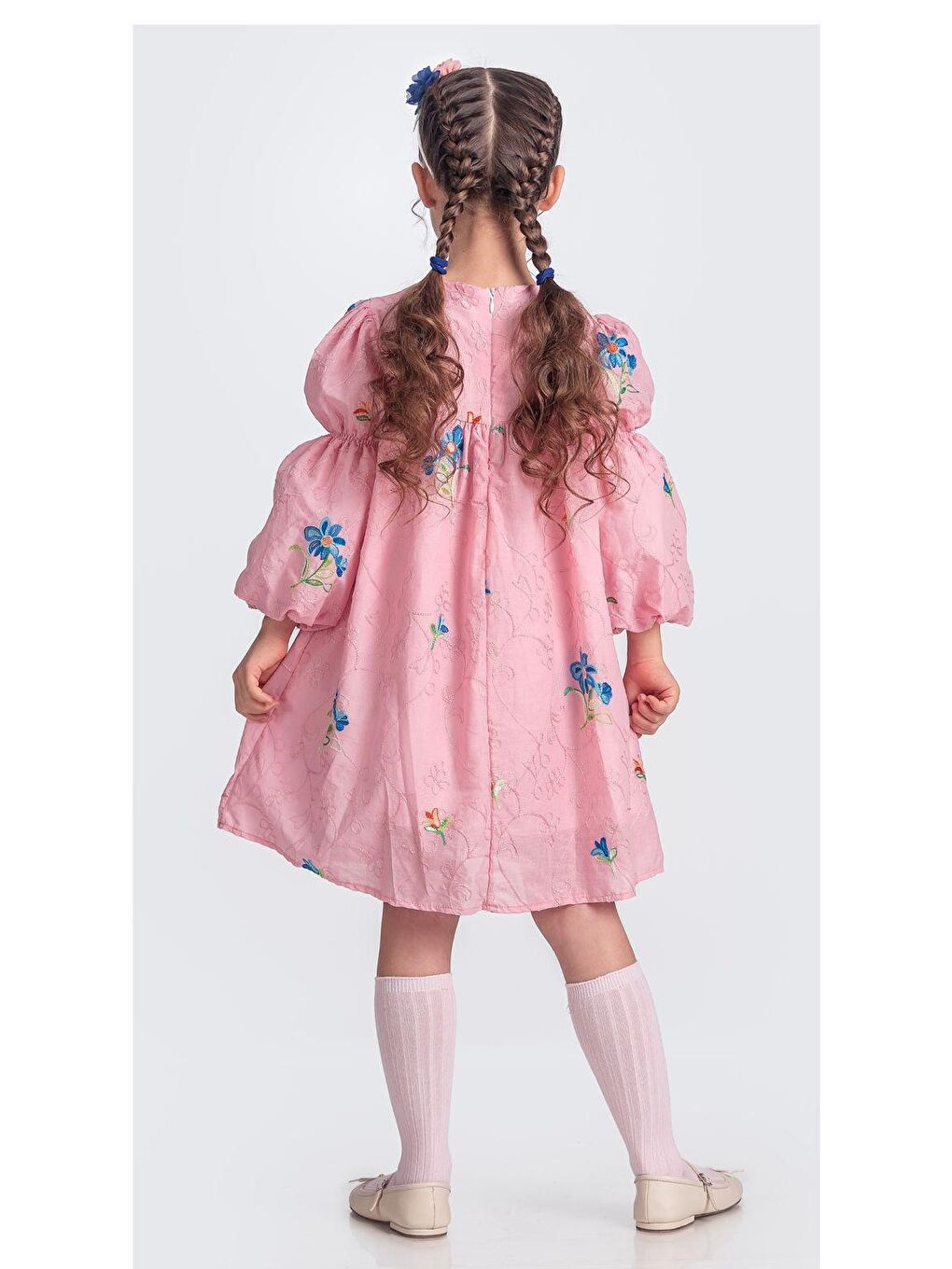 Pembe Otantik Akdeniz Çiçek NakışKız Çocuk Müslin Elbise M00706-8