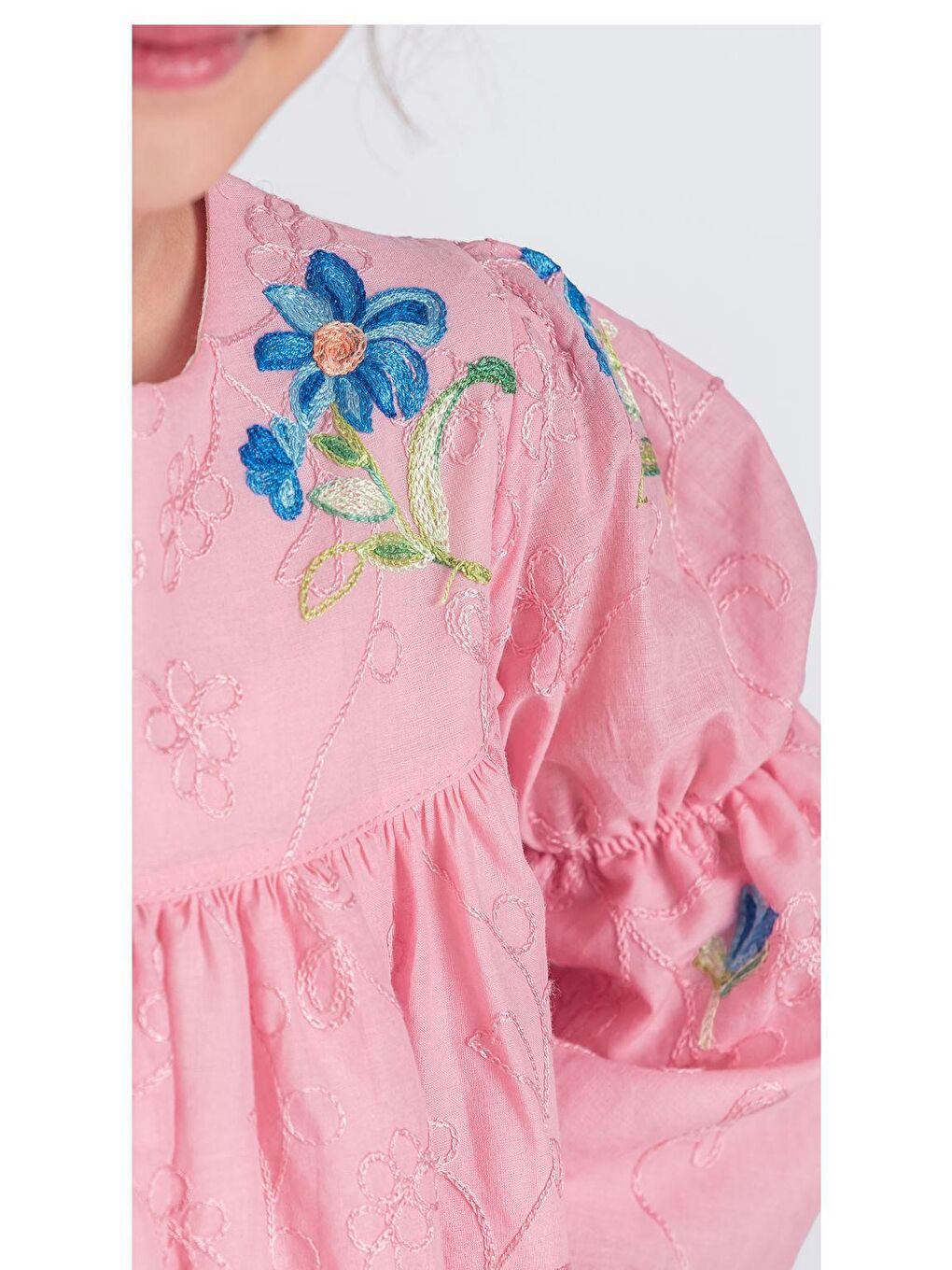 Pembe Otantik Akdeniz Çiçek NakışKız Çocuk Müslin Elbise M00706-9