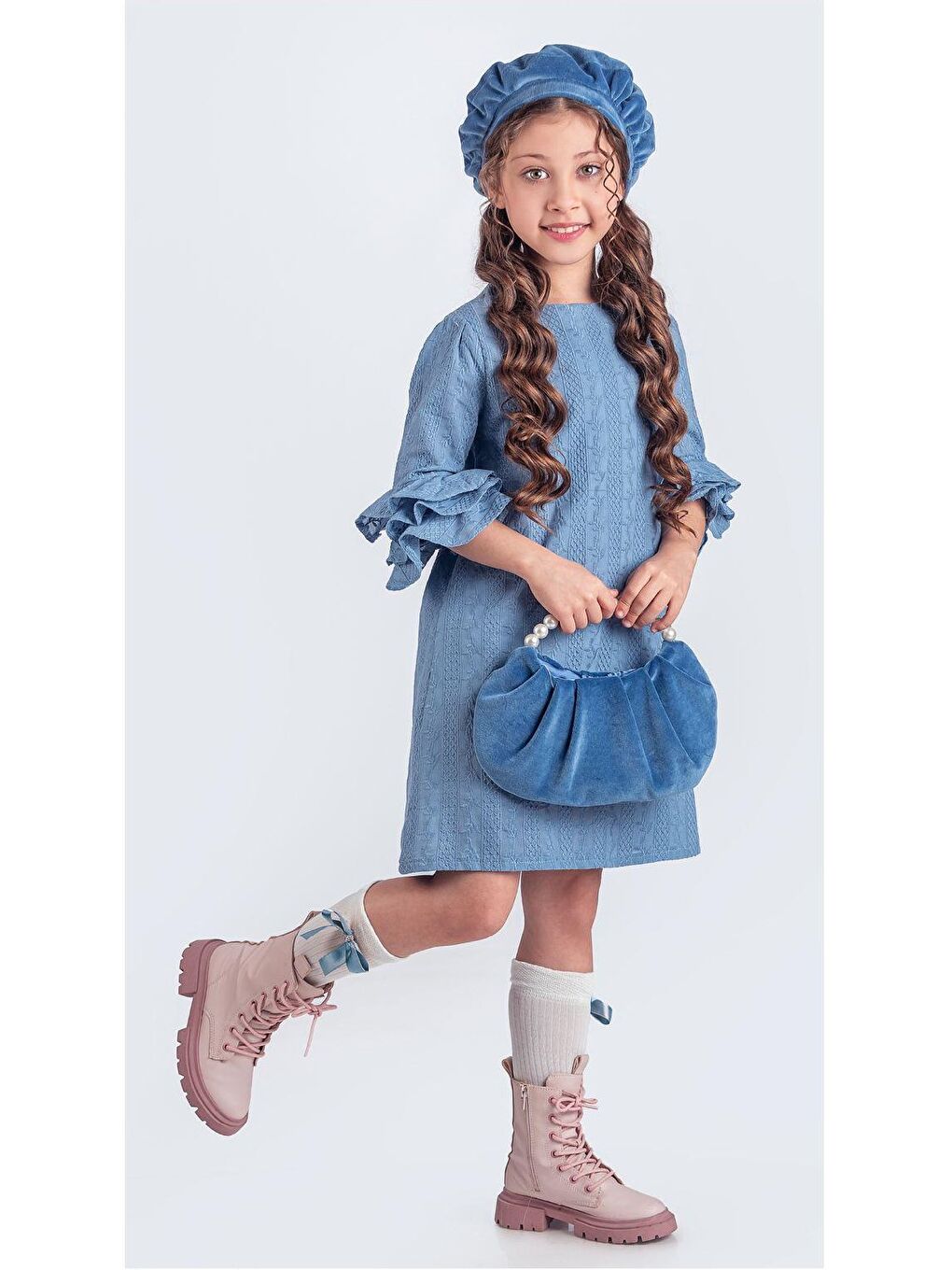 Mavi Miss Clarice Kız Çocuk Fransız Bere, Çanta, Çorap Ve Elbise Takım M00704-5