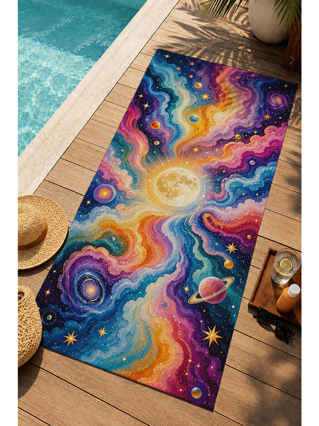 Mor Psychedelic Kozmik Galaksi Ve Nebula Desenli 70x150 Plaj Havlusu - Dijital Baskılı Banyo Havlusu-1