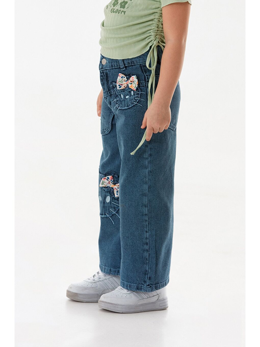 Mavi Nakışlı Fiyonk Detaylı Kız Çocuk Jean-2