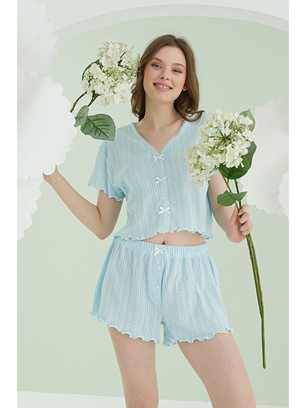 Mavi Ribbon Şortlu Pijama Takımı