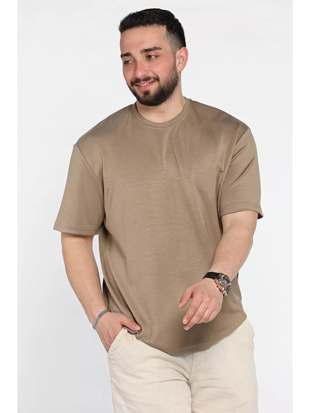 Bej Erkek Bisiklet Yaka Tişört-1