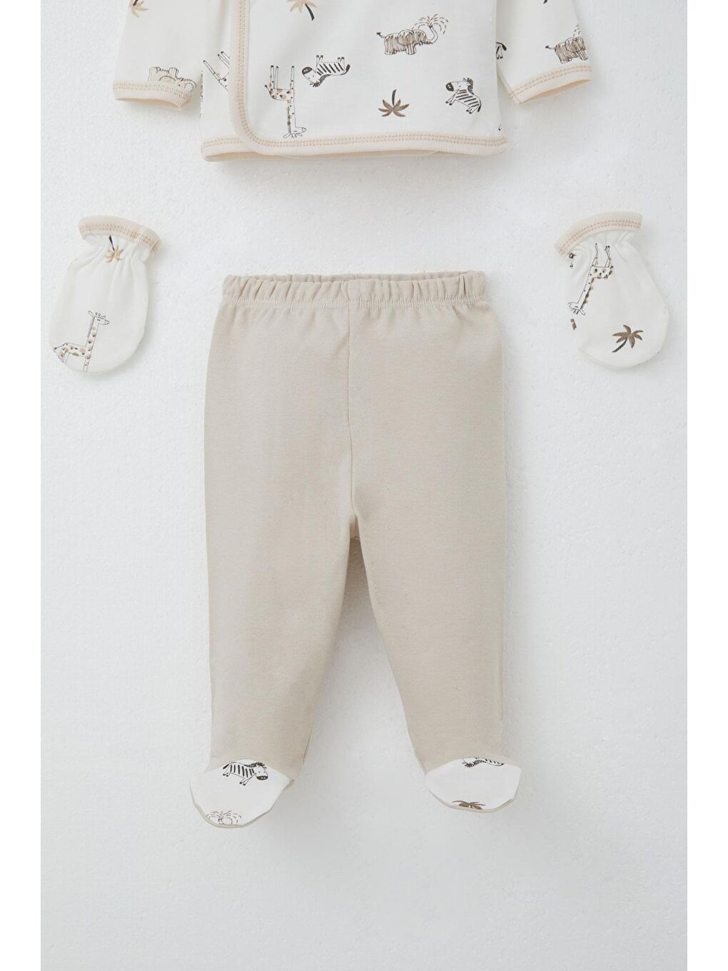 Erkek Bebek Hastane Çıkışı 5 Li Palmiye Ağaçlı Sevimli Hayvancıklar Desenli Ekru (0-3 Ay)-3
