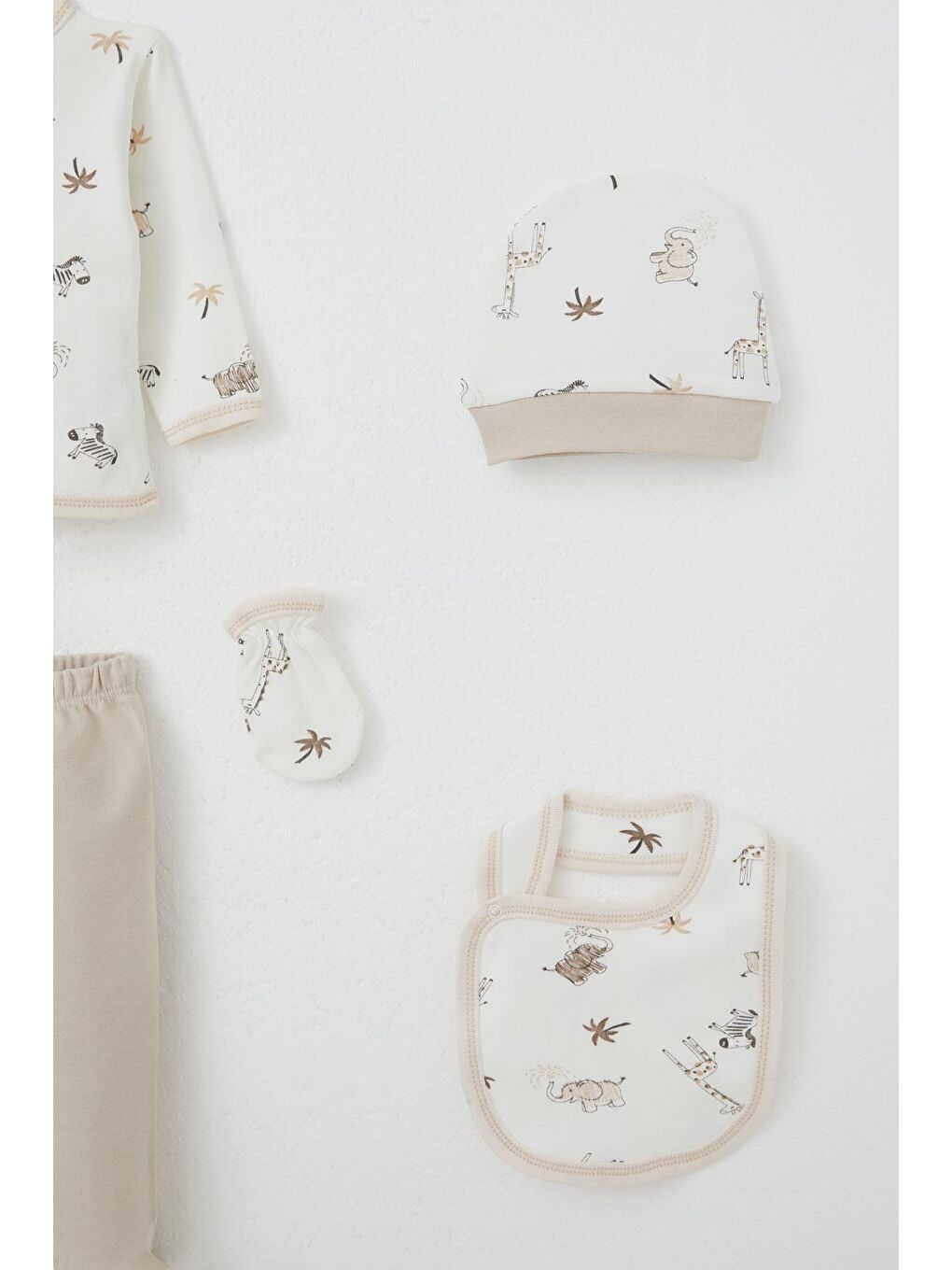 Erkek Bebek Hastane Çıkışı 5 Li Palmiye Ağaçlı Sevimli Hayvancıklar Desenli Ekru (0-3 Ay)-4