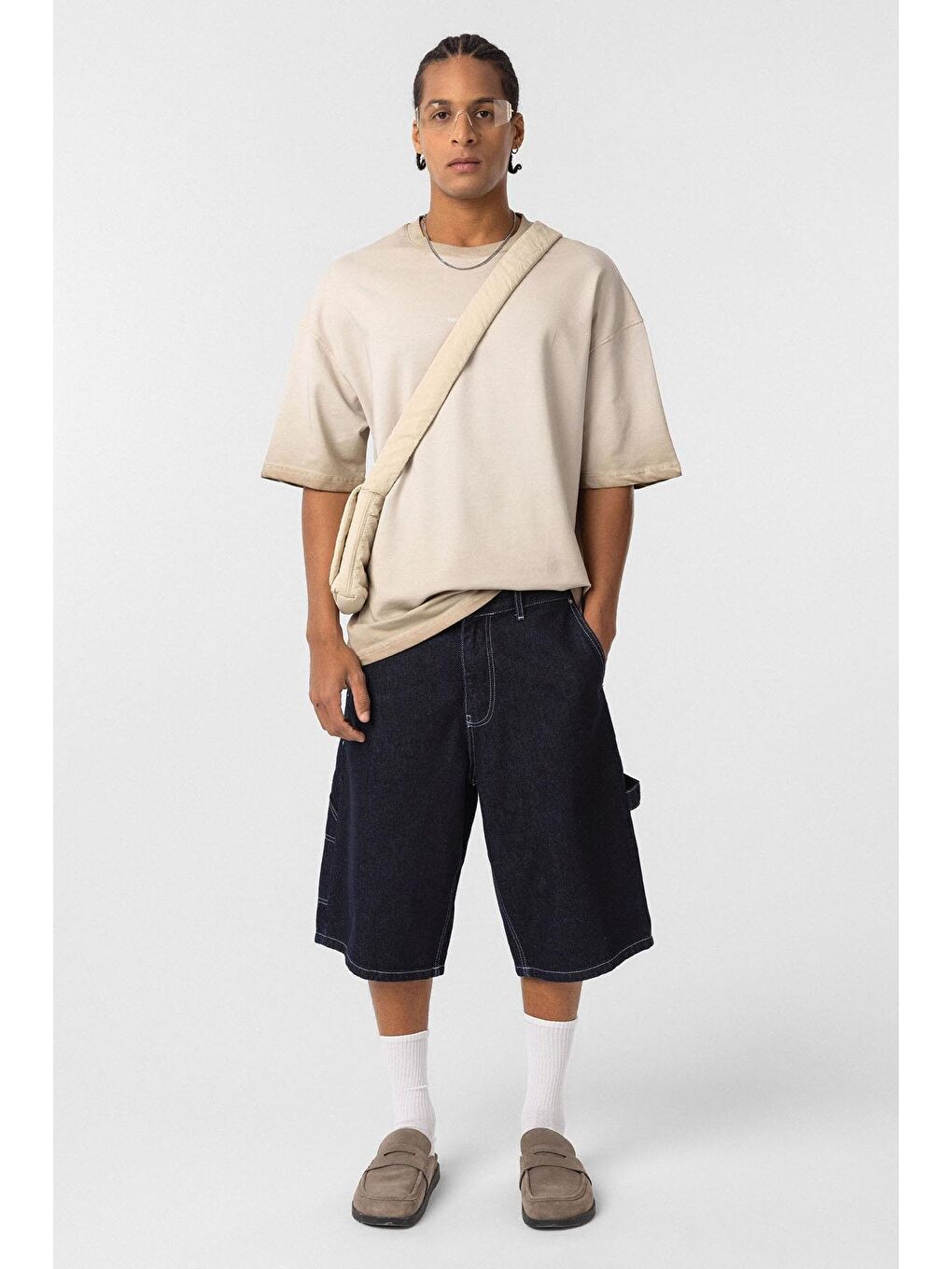 Bej Yıkamalı Oversize Tişört Taş
