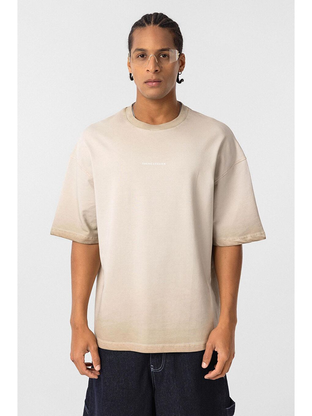 Bej Yıkamalı Oversize Tişört Taş-2